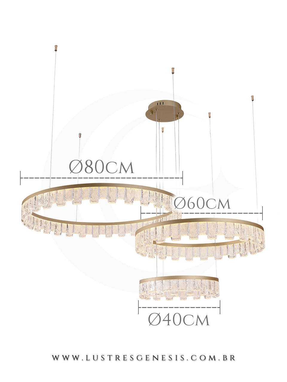 Lustre Aliança 3 Anéis Dourado Fosco Pé Direito Duplo LED para Sala de Jantar e Sala de Estar